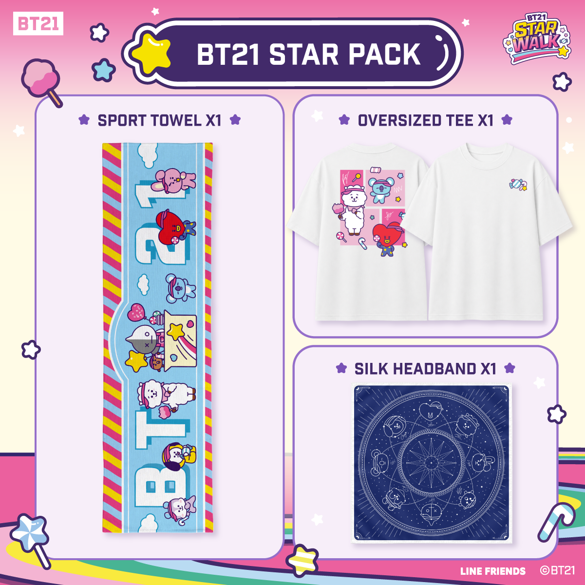 BT21 Star Pack (Towel + Oversized Tee + Silk Headband)