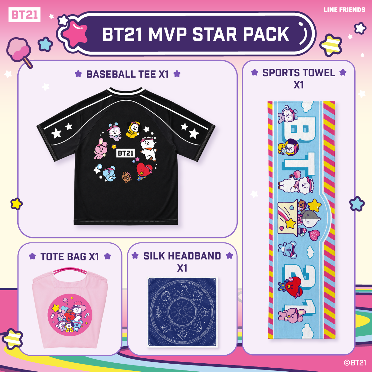 BT21 MVP Star Pack (Towel + Baseball Tee + Silk Headband + Tote Bag)