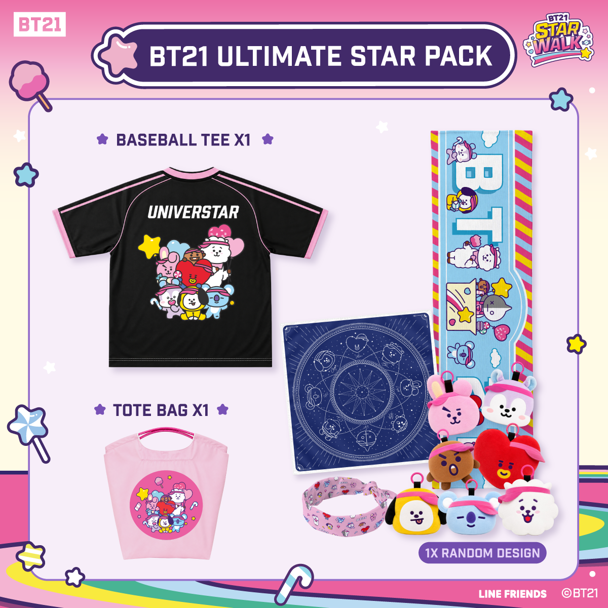 BT21 Ultimate Star Pack (Towel + Baseball Tee + Silk Headband + Tote Bag + Eco Bag with Plush Pouch)