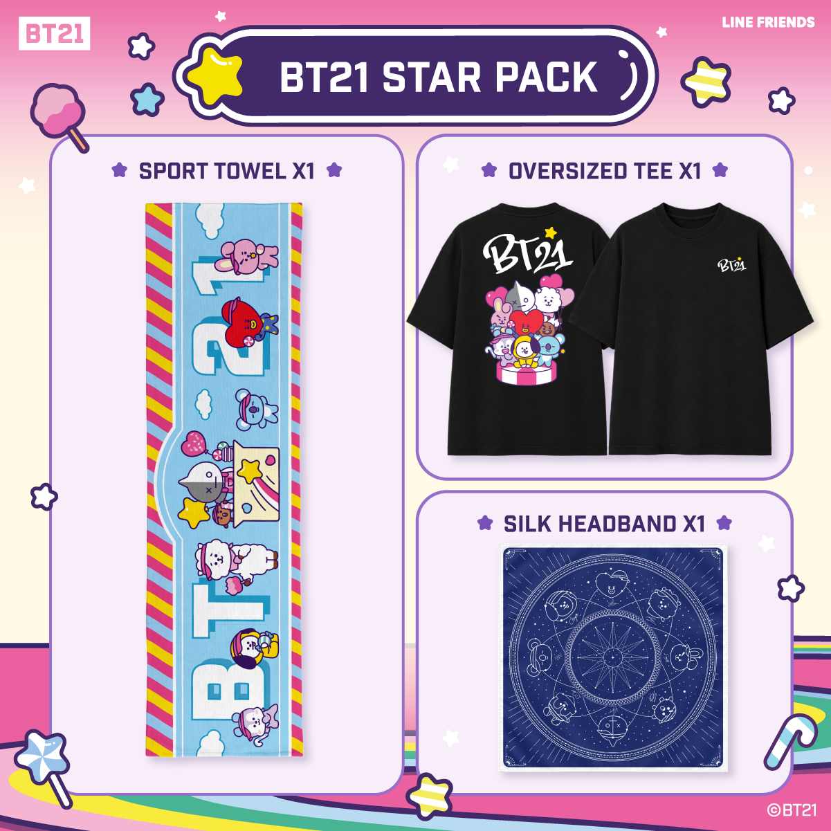 BT21 Star Pack (Towel + Oversized Tee + Silk Headband)