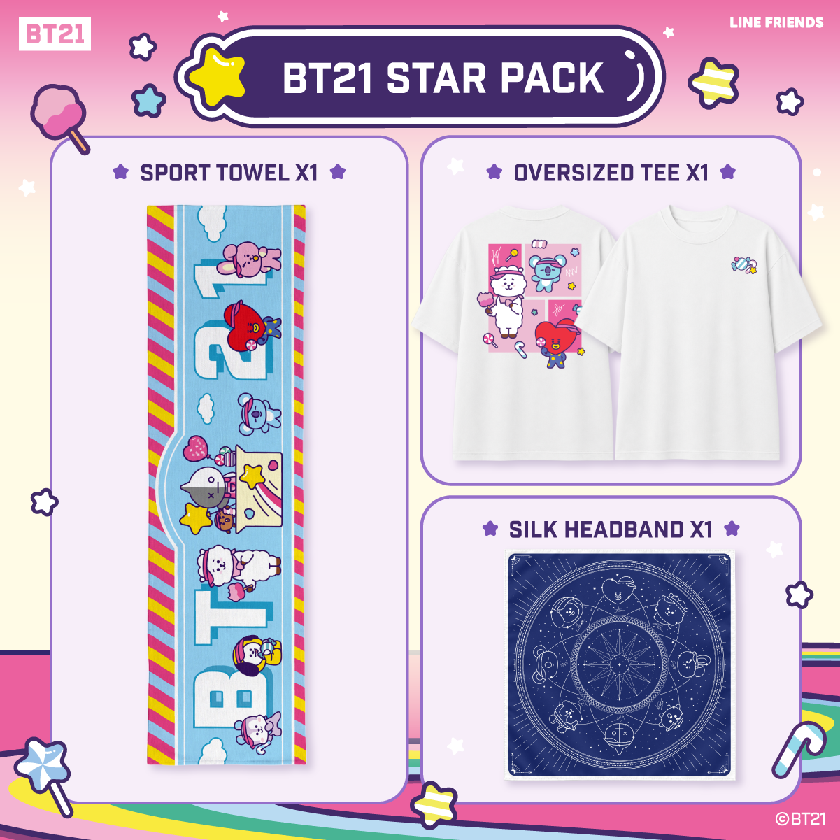 BT21 Star Pack (Towel + Oversized Tee + Silk Headband)