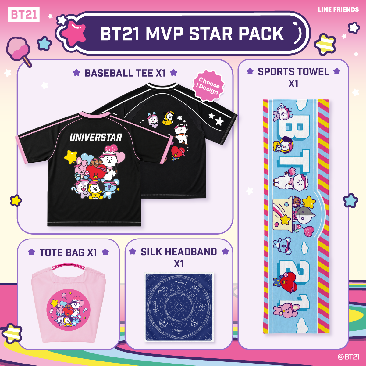 BT21  MVP Star Pack (Towel + Baseball Tee + Silk Headband + Tote Bag)