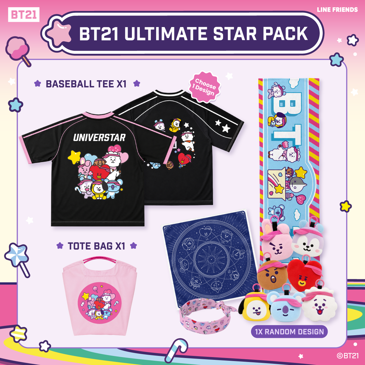 BT21  Ultimate Star Pack (Towel + Baseball Tee + Silk Headband + Tote Bag + Eco Bag with Plush Pouch)