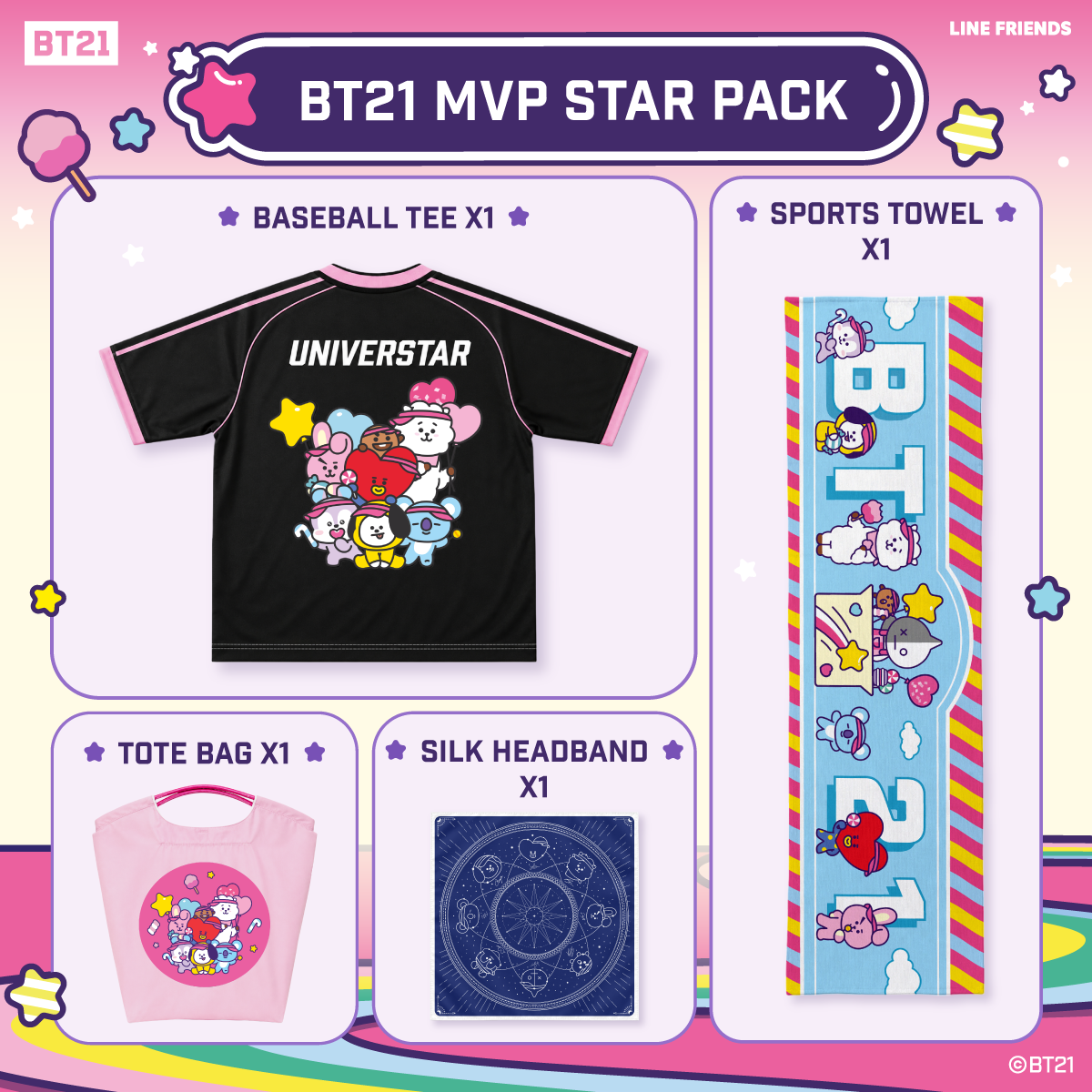 BT21  MVP Star Pack (Towel + Baseball Tee + Silk Headband + Tote Bag)
